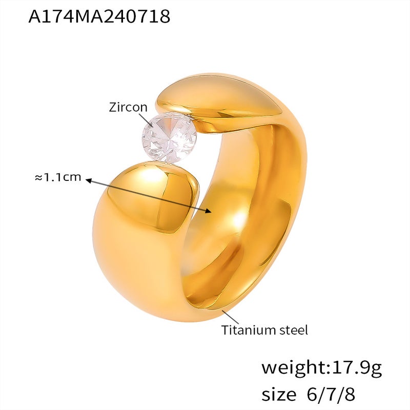 Style New Wide Side Clip Zircon Smooth Ring Retro Niche Design Titanium Steel Plated 18K Gold Jewelry - Image 1